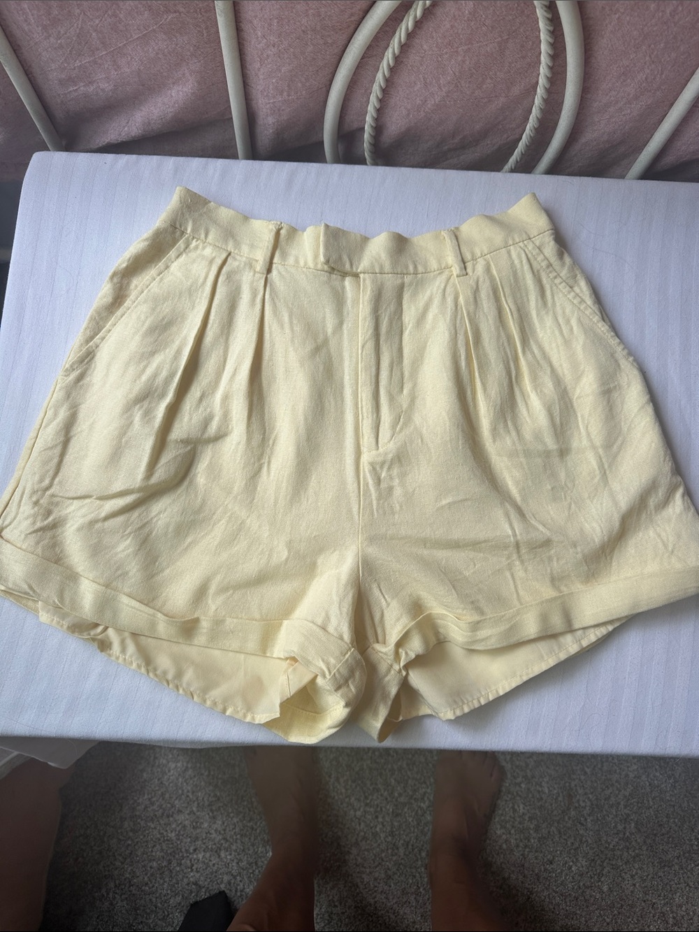 Wayf Pale Yellow High-Waist Pleated Shorts